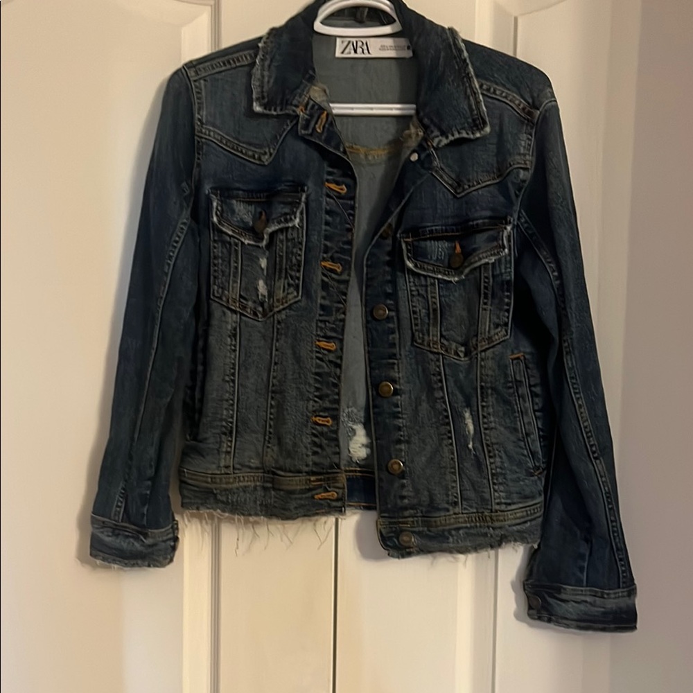 ZARA Dark Indigo Distressed Denim Jacket